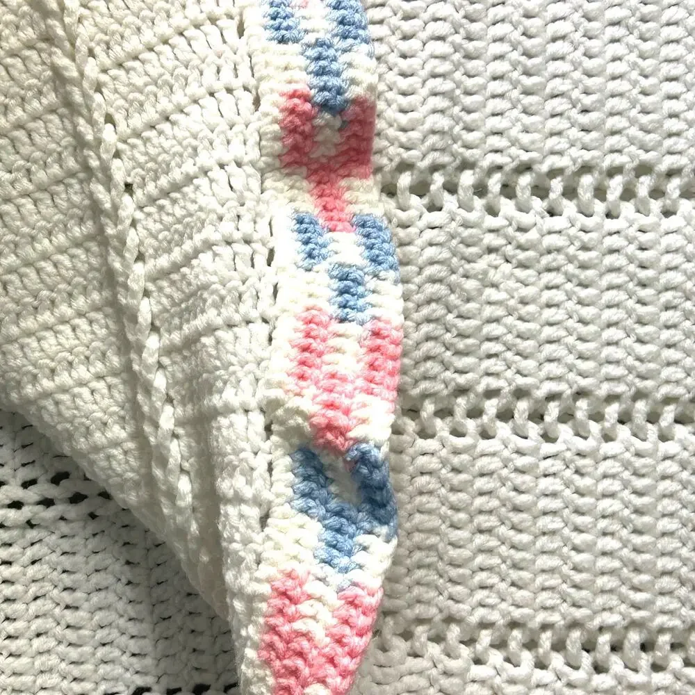 Handmade Crochet Knit Baby Afgan 34x36 White Blue Pink‎
